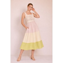 Mg Giyim Şık Dantel Detaylı Pamuk Kumaş Renkli Elbise