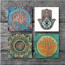Mandala, Yaşam Çiçeği, Çiçeği, Fatma Ana Eli  Taş Bardak Altlığı Seti - 4 Parça - Dekoratif, Rustik Mutfak Aksesuarı, 10X10 Cm, Kaydırmaz Tabanlı, Şık ve Dayanıklı SC212