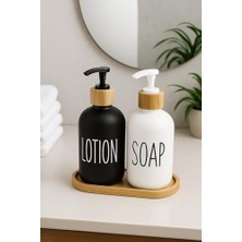2’li Cam Sıvı Sabunluk ve Losyonluk Seti | 500 ml Siyah & Beyaz Boyalı Cam | Bambu Kapak ve Ahşap Altlıklı Banyo Seti | Şık ve Dayanıklı Tasarım