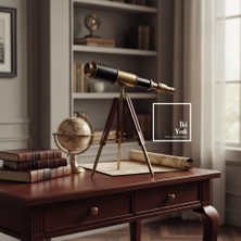 İki Yedi Konsept Mallorca Ahşap Tripod Ayaklı Retro Pirinç Teleskop Antik Dekoratif Obje Ofis ve Ev Aksesuarı Hediye