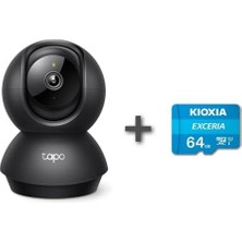 C211 2k 3mp Yatay ve Dikey Ev Güvenliği Wi-Fi Kamerası, Gece Görüşü, IP66 Su Geçirmez, Siyah Renk + 64GB Kioxia Microsd Bellek