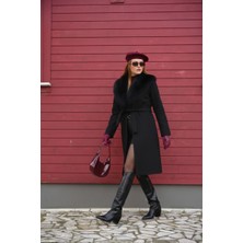 Sun Style Siyah Seyyar Kürk Yakalı Kaşe Kaban - Kuşaklı ve Cepli Uzun Palto