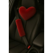 Ayaz Grup 1 Adet Lüks Kırmızı Peluş Kalpli Araç Boyun Yastığı ve 1 Adet Kemer Kılıfı – 2’li Set