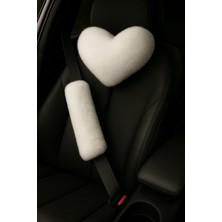 Ayaz Grup 1 Adet Lüks Beyaz Peluş Kalpli Araç Boyun Yastığı ve 1 Adet Kemer Kılıfı – 2’li Set