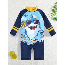 RosabelleMare Erkek Bebek Köpekbalığı Desenli Uzun Kol Tulum Mayo, Fermuarlı, Eğlenceli ve Rahat.