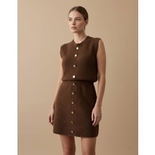 Lwl Bisiklet Yaka Düğmeli Triko Süveter ve Önü Düğmeli Fitilli Mini Etek Takım