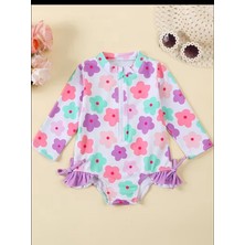 RosabelleMare Çiçek Desenli Kız Bebek Tulum Mayo, Uzun Kollu, Ince Yapılı, Fırfır Detaylı, Yaz Için Ideal.