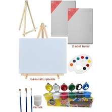 Dsh Doğal Seramik Hamuru Resim - Boya Seti - Mini Masa Şövalesi, 2 Adet Tuval, Resim Verniği, Akrilik Boya, Palet, (Şövalye) Karışık