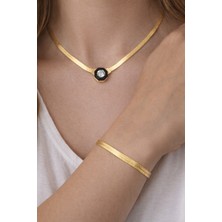 Ares 01 Store Gold Taş Detaylı Kolye ve Düz Bileklik Kombin Set