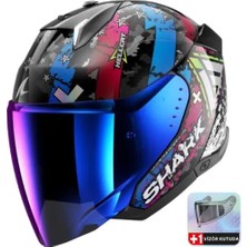 Shark Skwal I3 Jet Hellcat Pembe Mavi Yarım Kask Mavi Vizörlü (+1 Şeffaf Vizör)