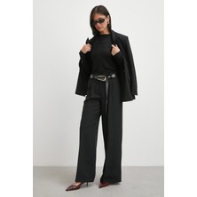 Trendquel Deri Kemerli Geniş Paça Pantolon Siyah