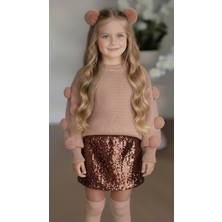 Kız Çocuk Ponponlu Kazak Payet Etek Toka Çorap Takım Kombin 2-8 Yaş Kırmızı Pembe Kahverengi