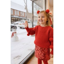 Kız Çocuk Ponponlu Kazak Payet Etek Toka Çorap Takım Kombin 2-8 Yaş Kırmızı Pembe Kahverengi