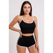 Başcılar Kadın Siyah Beyaz Çapraz Lastik Detaylı Kaşkorse Şortlu Gecelik Takımı – Modern, Konforlu ve Günlük Kombinlere Uygun