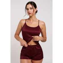 Başcılar Kadın Bordo Asimetrik Sırt Dekolte Detaylı Şık Şortlu Gecelik Takım – Modern, Konforlu ve Günlük Kombinlere Uygun