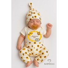 Babyden's Amcasının Balı Yazılı 3’lü Bebek Takımı Kısa Kollu Çıtçıtlı Body, Arı Desenli Fitilli Pantolon, Bere