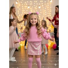 Tren Natural Kız Çocuk Ponponlu Kazak Payet Etek Toka Çorap Takım Kombin 2-8 Yaş Kırmızı Pembe Kahverengi