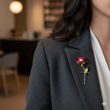 Lente Aksesuar Metalik Kırmızı Gül Broş Vintage Tarz Kadın Yaka Iğnesi