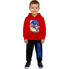 Sedirli Sonic Baskılı Çocuk Eşofman Takımı 3 Iplik Şardonlu Pamuklu Kumaş Kapüşonlu