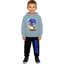 Sedirli Sonic Baskılı Çocuk Eşofman Takımı 3 Iplik Şardonlu Pamuklu Kumaş Kapüşonlu