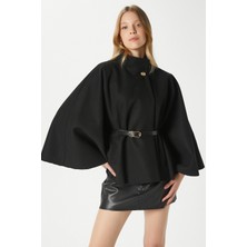 Ritnice Kadın Kayla Gold Düğmeli Kemerli Siyah Kaşe Panço