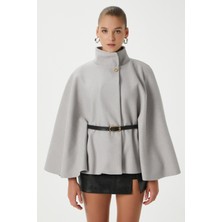 Ritnice Kadın Kayla Gold Düğmeli Kemerli Gri Kaşe Panço