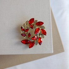 Lente Aksesuar Işıltılı Kırmızı Kristal Detaylı Buket Formlu Kadın Broş - Lüks Tasarım Yaka Iğnesi