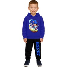 Sedirli Sonic Baskılı Çocuk Eşofman Takımı 3 Iplik Şardonlu Pamuklu Kumaş Kapüşonlu