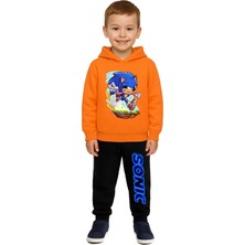 Sedirli Sonic Baskılı Çocuk Eşofman Takımı 3 Iplik Şardonlu Pamuklu Kumaş Kapüşonlu