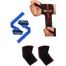 Dex Supports Fitness Dirseklik Elbow Sleeve , Spor Bileklik Elite Wrist Wraps , Ağırlık Kaldırma Kayışı Lifting Straps Mavi 3'lü Set