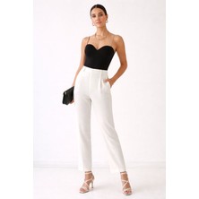 Mg Giyim Ön Pile Detaylı Bilek Boy Beyaz Pantolon Ofis Günlük Şık