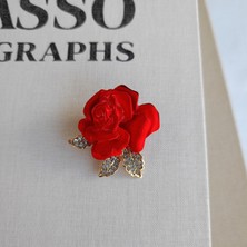 Lente Aksesuar Zirkon Taş Yapraklı, Kırmızı Gül Broş - Şık Tasarım Kadın Yaka Iğnesi - Vintage Hediye Broş