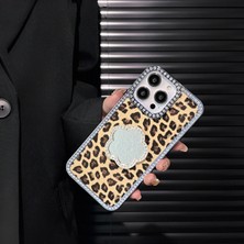 KumOziShop iPhone 13/14 Uyumlu Leopar Baskılı Aynalı Deri Kenarları Taşlı Kılıf