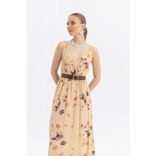 Mg Giyim Viskon Kumaş Askılı Çiçek Desenli Bej Elbise Ofis Günlük Şık