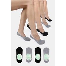 ERENART Bambu Kadın Babet Siyah-Gri Çorap Dikişsiz Görünmez Kaydırmaz Topuk Silikonlu Premium 4'lü Paket