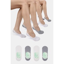 ERENART Bambu Kadın Babet Beyaz-Gri Çorap Dikişsiz Görünmez Kaydırmaz Topuk Silikonlu Premium 4'lü Paket