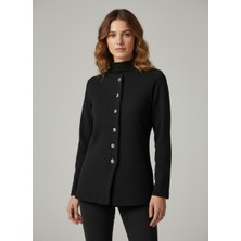 Şiir Dutse Kadın Şık Düğmeli Yuvarlak Yakalı Ottoman Ceket & Mont & Kaban & Hırka - Siyah