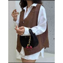 Zynp Kadın Süet Nubuk Kiraz Detayli Siyah Kadın Çanta