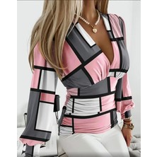 Balva Konsept Kadın Pembe V Yaka Desenli Drapeli Dalgıç Kumaş Bluz - Medıum Beden