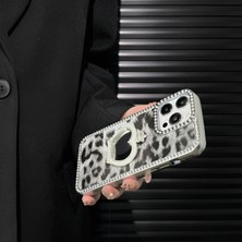 KumOziShop iPhone 15 Uyumlu Leopar Baskılı Aynalı Deri Kenarları Taşlı Kılıf