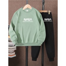 Lepold 3 Iplik Üst Mint Alt Siyah Nasa Baskılı Kız/erkek Oversize Sweatsihrt & Eşofman Takım