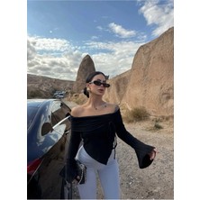 StockMount Kadın Siyah Kalın Fitilli Madonna Yaka Büzgü Detaylı Bluz