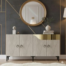 Yumedi Design KA1514BTG - Ivelina Konsol, Tv Sehpası, Çok Amaçlı Dolap ve Kahve Köşesi 150CM Beyaz-Traverten-Gold