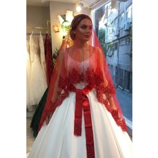 Massaltay Kırmızı Işıltılı Güpürlü Gelin Duvağı Seti – Kına Gecesi Nikah Düğün Kuşak Eldiven