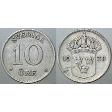 Banknoting Isveç 10 Öre 1938 Gümüş 1,44 Gr.