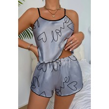 Dodes Love Baskılı Gri Saten Şortlu Gecelik Takım