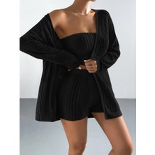 Tiana Kadın Uzun Kollu Önü Açık Şardonlu Kaşkorse Ceket Büstiyer ve Short Üçlü Takım