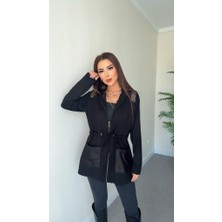 Giyimodam Kadın Uzun Kollu Önü Fermuarlı File Detaylı Belden Bağcıklı Kısa Modal Ceket