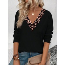 Bemy Çarşı Kadın Uzun Kollu V Yakalı Leopar Detaylı Viskon Iki Iplik Bluz