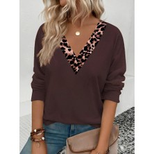 Arben Boutique Kadın Uzun Kollu V Yakalı Leopar Detaylı Viskon Iki Iplik Bluz